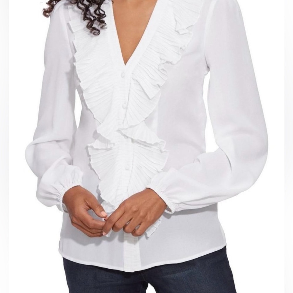 Boston Proper White Sheer Button Down Ruffle Feont Blouse with Darts Sz 16 - Picture 13 of 15
